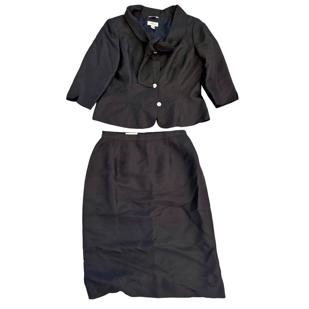 Talbots Black Pure Silk Skirt Suit Set Women 10 Medium Boat Neck & Tie Top